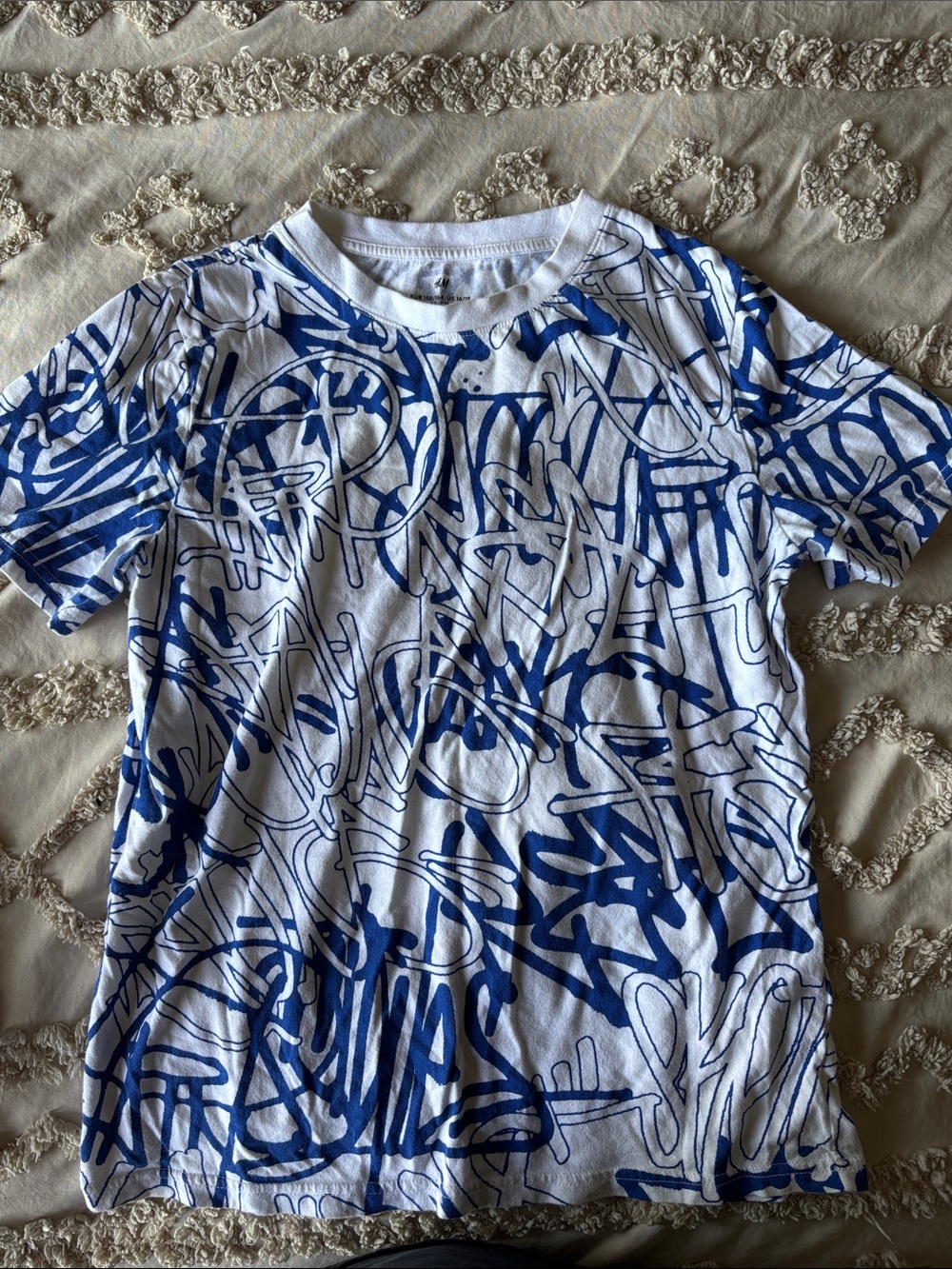 H&M White Tee with Blue Graffiti Print